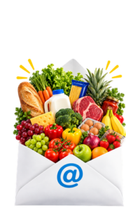 Email envelope overflowing with fresh groceries
